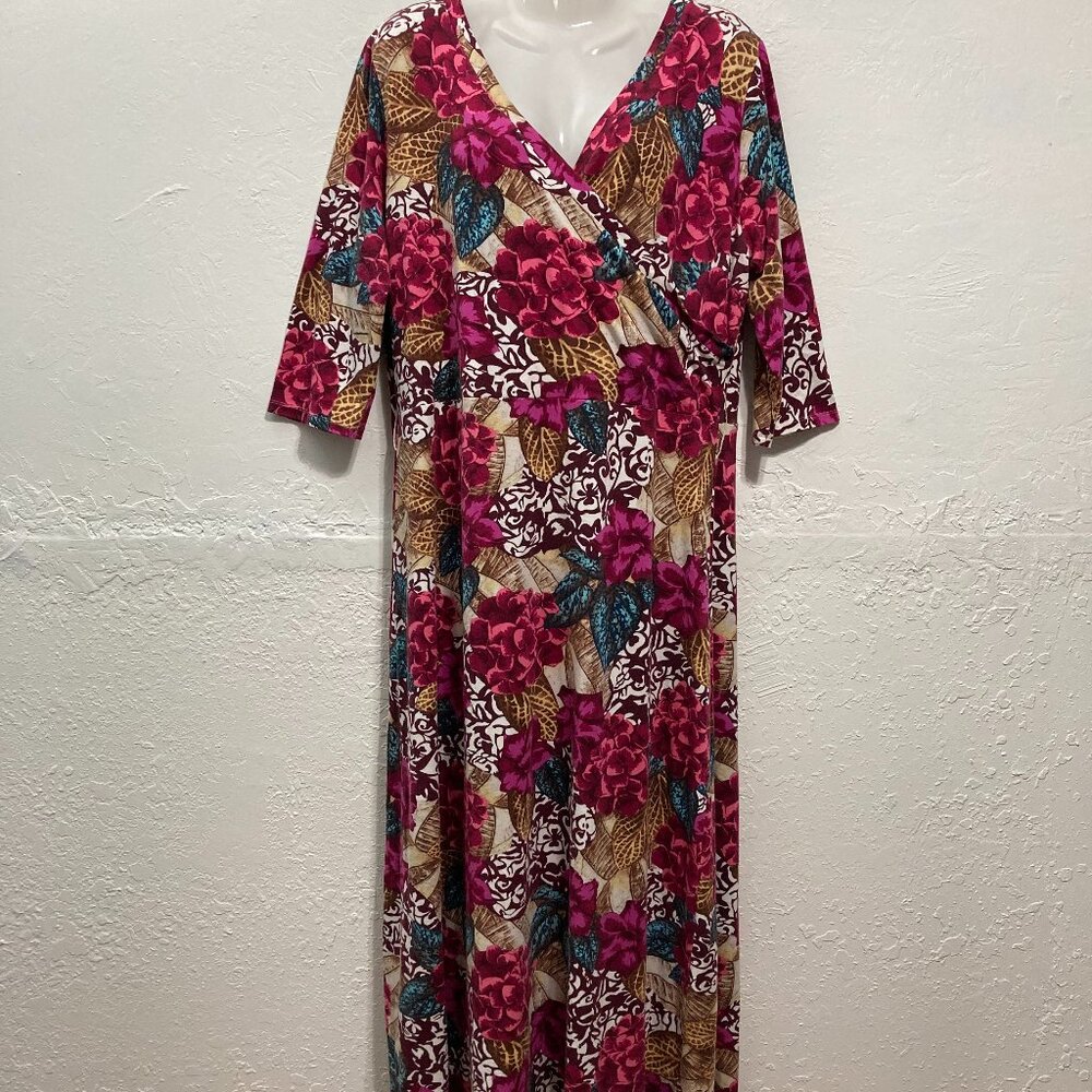 Soft Surroundings Salvadora Maxi Dress 3/4 Sleeve Knit Wrap High Waist Floral L